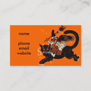 Gammal häxa för vintage som rider en svart katt visitkort