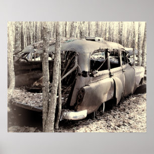 Gammal herrgårdsvagn i svartvitt poster