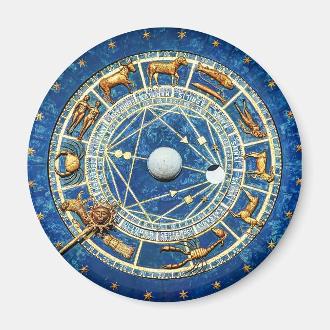 Gammal himmelsk blå zodiakastrologi Wheel Magnet (Framsidan)