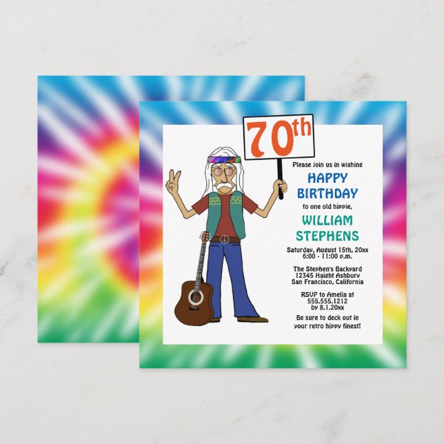 Gammal hippie Hippy Tie Dye 70:e Födelsedagsfesten Inbjudningar (Fram/baksida)
