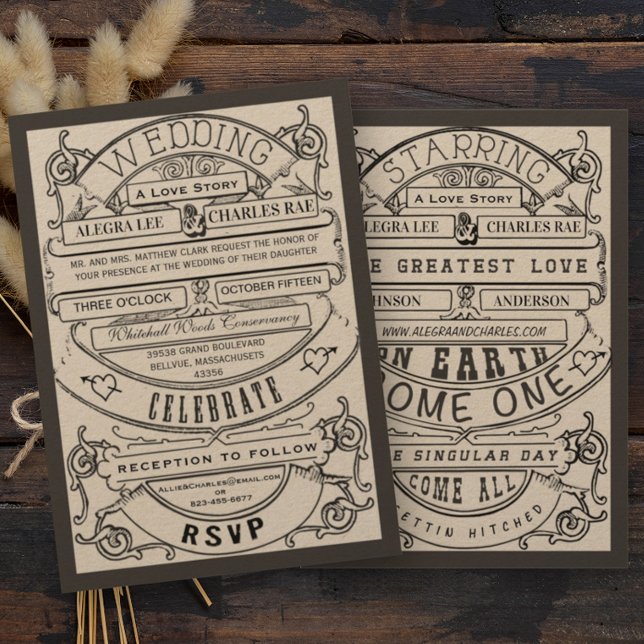 Gammal Hollywood-typografi Biljett Bröllopsinbjuda Inbjudningar (Skapare uppladdad)