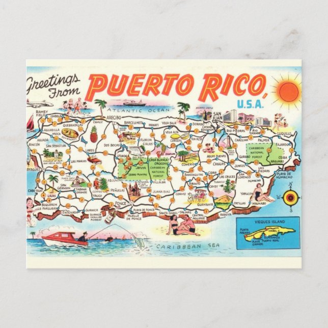 Gammal illustrerad Puerto Rico-karta vykort (Framsida)