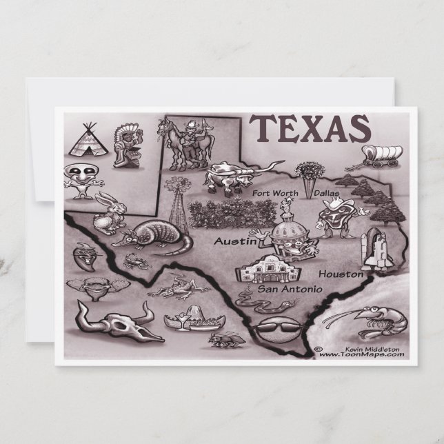 Gammal inbjudan till Texas Tecknad Karta (Framsida)