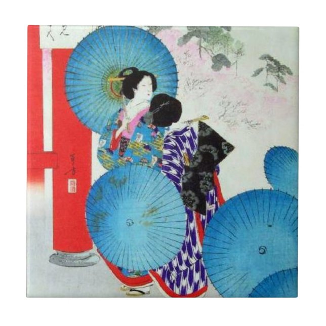 Gammal japansk keramik, liten (4,25 x 4,25 tum) kakelplatta (Framsidan)