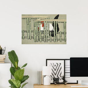 Gammal japansk tupp bakom bambu staket konst poster