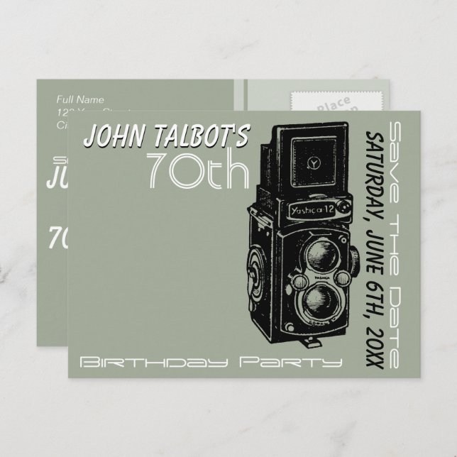 Gammal kamera 70-årsfirande Save the Date 1 Meddelande Vykort (Fram/baksida)