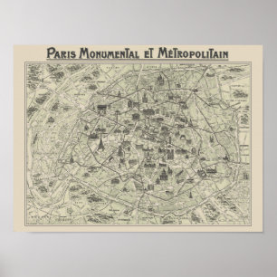 Gammal karta över Paris Poster