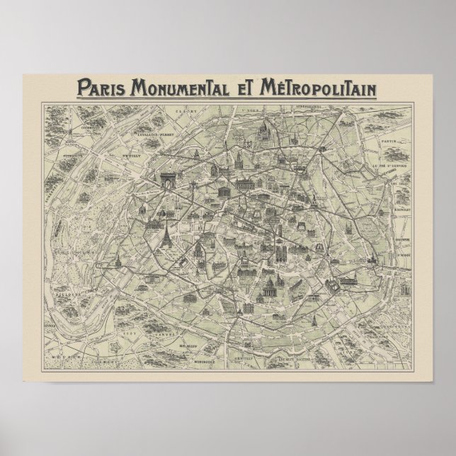 Gammal karta över Paris Poster (Framsidan)