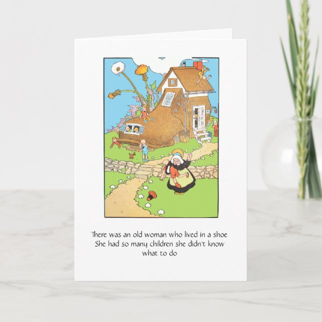 Gammal kvinna i en sko, hälsningkort kort (Framsida)