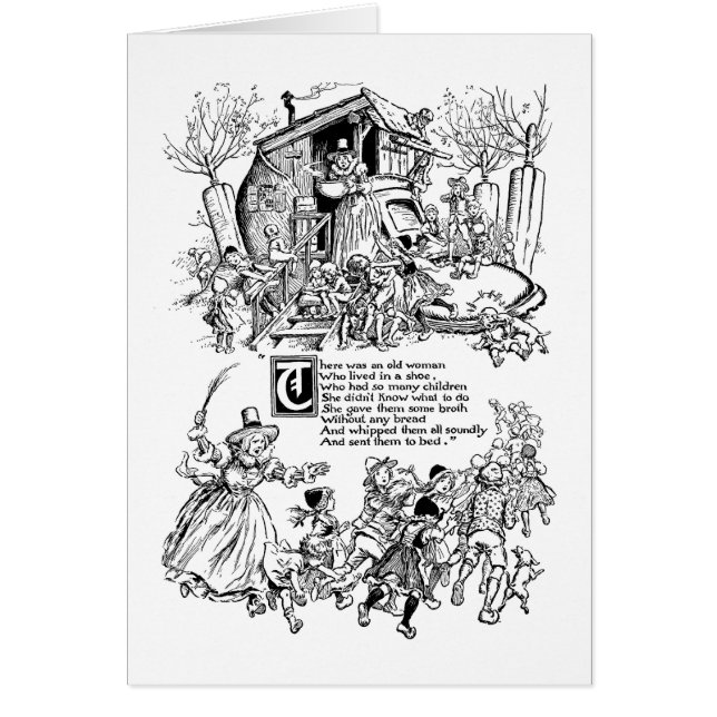 Gammal kvinna i ett skobarnkammarerim hälsningskort (Framsidan)