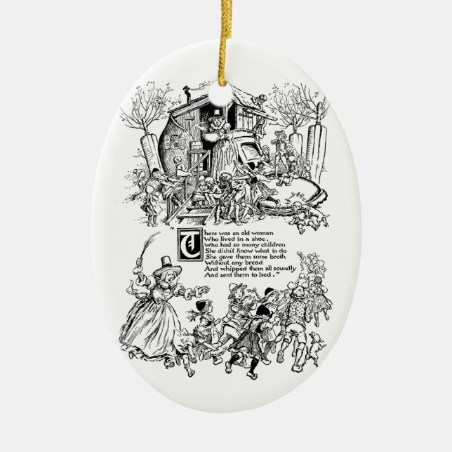 Gammal kvinna i ett skobarnkammarerim julgransprydnad keramik (Framsidan)