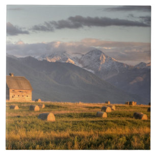 Gammal lada ramad av höbalar och dramatisk kakelplatta