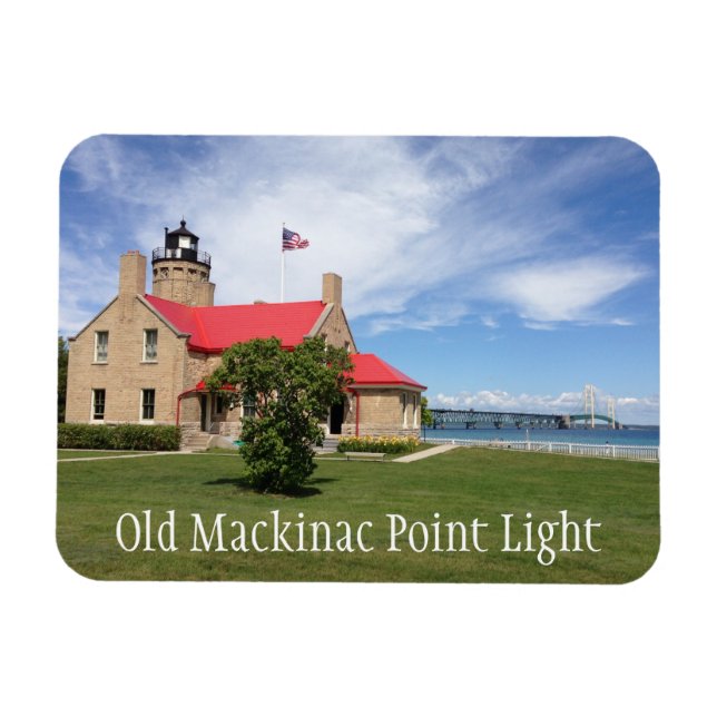 Gammal Mackinac Point Light, Mackinac Bridge Magnet (Horisontell)