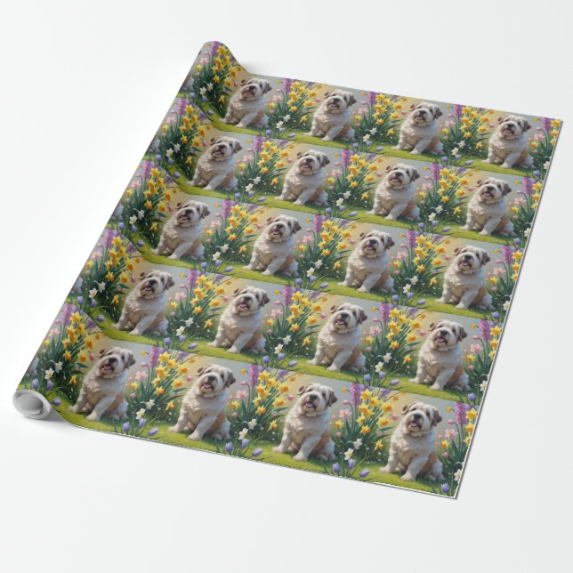 Gammal målning av Vår blommor i engelska Sheepdog Presentpapper (Utrullad)
