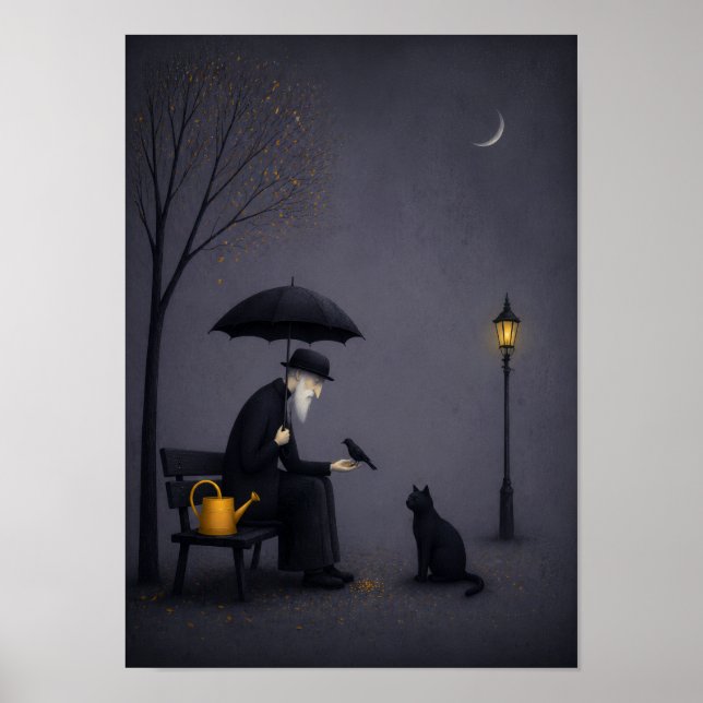 Gammal man matar en fågel i stilla regn poster (Framsidan)