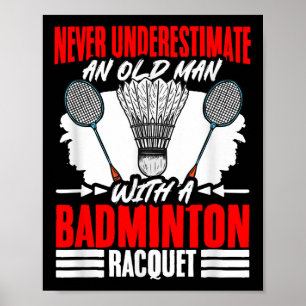 Gammal man med badmintonracket skickar badmintonbo poster