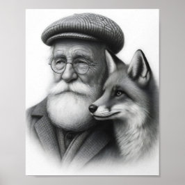 Gammal man med Fox Classic Black & White Pencil Ar Poster