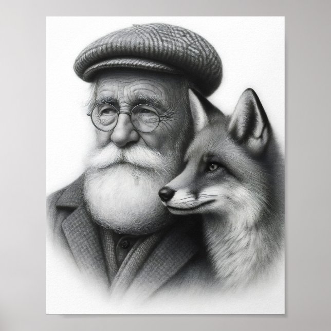 Gammal man med Fox Classic Black & White Pencil Ar Poster (Framsidan)