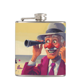 Gammal man med spottingrör på stranden, rolig fickplunta