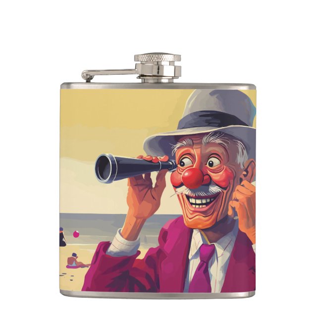 Gammal man med Spyglass på Beach, lustigt Fickplunta (Framsidan)