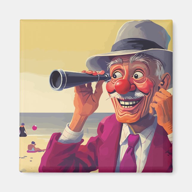 Gammal man med Spyglass på Beach, lustigt Magnet (Framsidan)