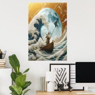 Gammal man och giant Wave Poster