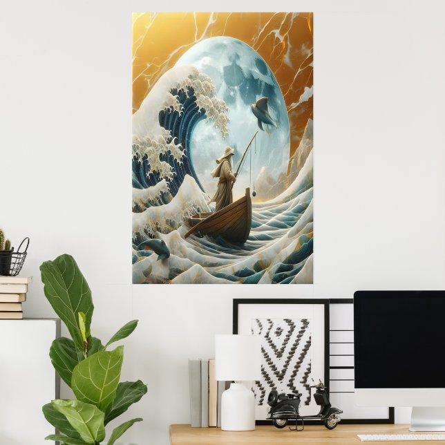 Gammal man och giant Wave Poster (Hemmakontoret)