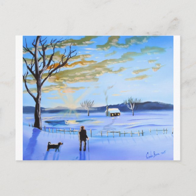 Gammal man och hans hund vintermålning snö vykort (Framsida)