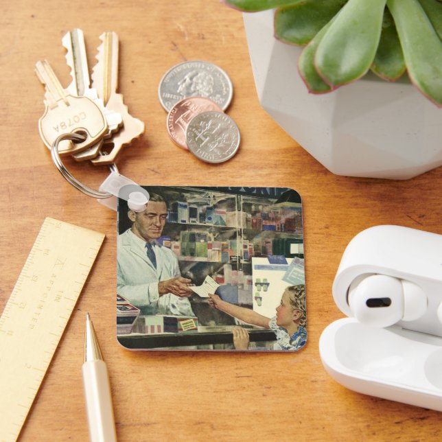 Gammal medicin, apotekare och flicka på apotek nyckelring (Skrivbord)