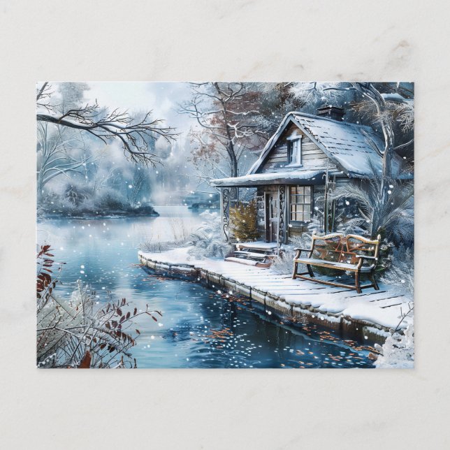 Gammal Mill av Frosty River i Winter Illustration Vykort (Framsida)