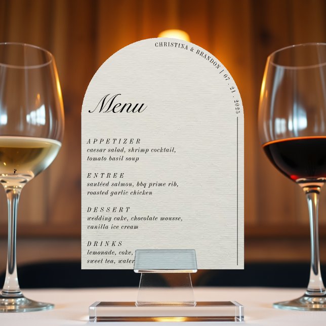 Gammal Money Minimalist Ecru White Arch Bröllop Me Inbjudningar (Old Money Minimalist Ecru White Arch Wedding Menu Invitation
)