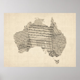 Gammal notbladkarta av den Australien kartan Poster