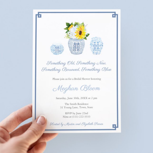 Gammal ny, lånad, blå, klassisk Möhippa Inbjudningar (Something Old New Borrowed Blue Bridal Shower invitation with sunflowers and preppy ginger jars)