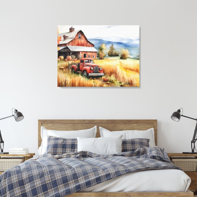 Gammal pickup-lastbil och röd lada på hösten 32x24 canvastryck (Insitu (sovrum))