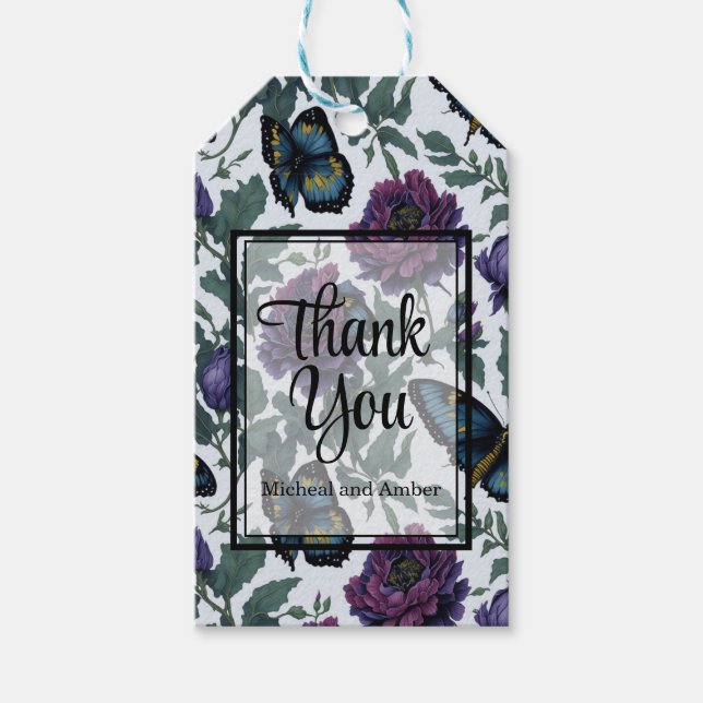 Gammal plommonlila magenta blommor fjärilar presentetikett (Framsidan)