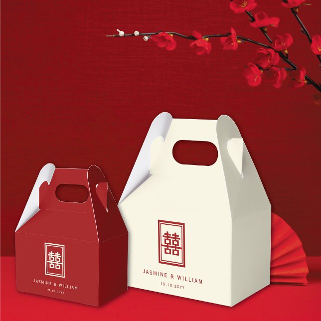 Gammal rektangelisk Dubbla: kinesiska Bröllop Presentaskar (Ivory/Red Classic Rectangle Double Happiness Chinese Wedding Party Favor Boxes @ fatfatin_red_knot)