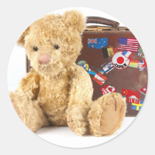 gammal resväska för nalle och för vintage med runt klistermärke