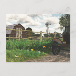 Gammal röd lada och rostig lastbil vykort