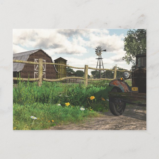 Gammal röd lada och rostig lastbil vykort (Framsida)