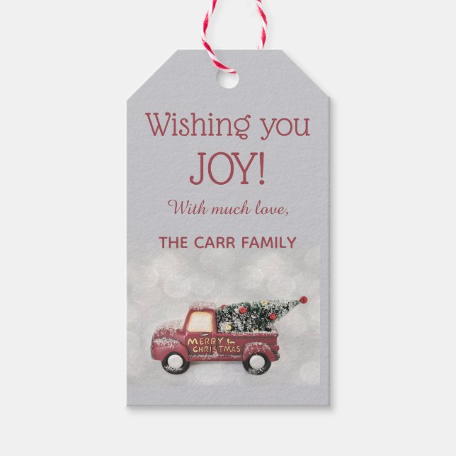 Gammal, röd Lastbil med Julgran Presentetikett (Framsidan)