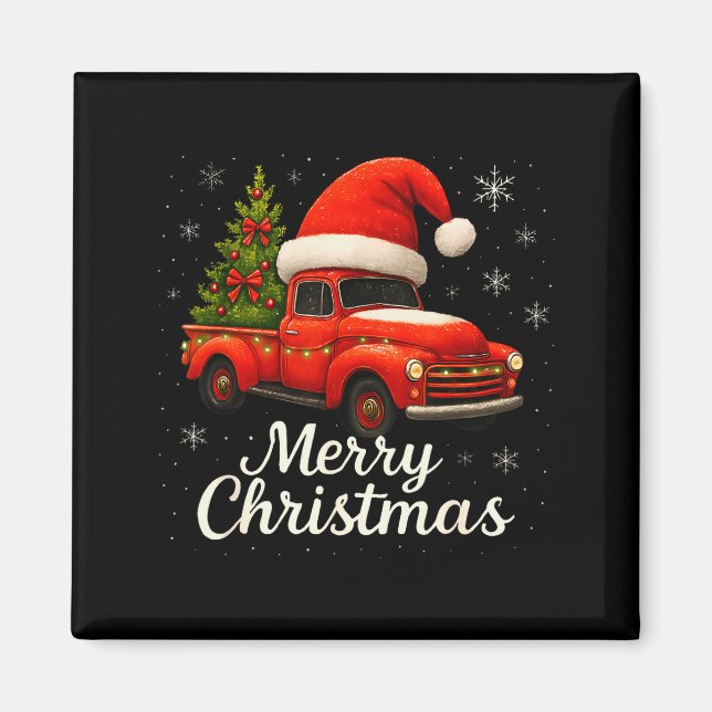 Gammal röd lastbil tomtehatt julgran God Jul  Magnet (Framsidan)