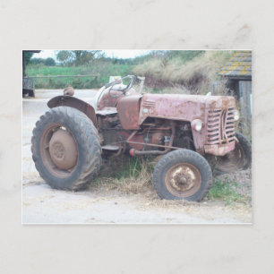 Gammal röd traktor vykort