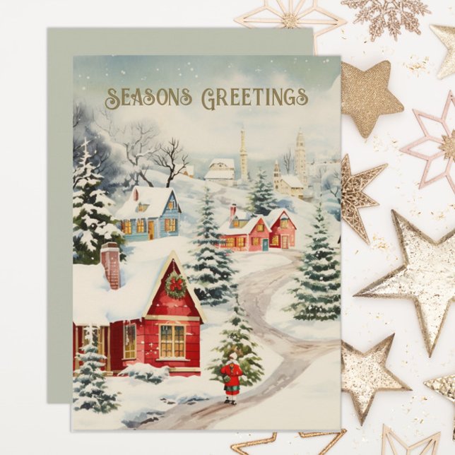Gammal snötäckt by Säsongshälsningar Julkort (Old-time village, "Season's Greetings" custom Christmas/holiday card, personalized with your text.)