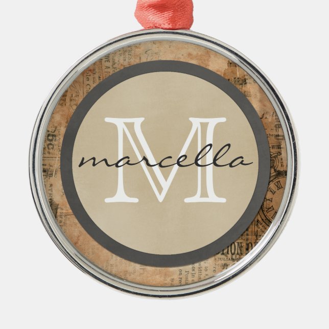 Gammal sönderriven vintagetidningsMonogram Julgransprydnad Metall (Framsidan)