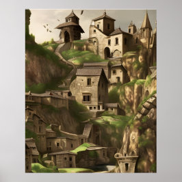 Gammal stad på bergsstenhus poster