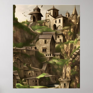 Gammal stad på bergsstenhus poster