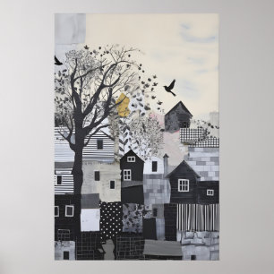 Gammal surrealistisk konsttryck från stad på kulle poster