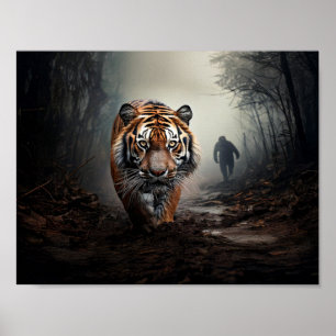 Gammal svart och orange tiger går i en surrealisti poster