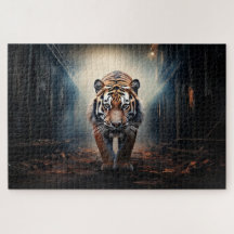 Gammal svart och orange tiger i surrealistisk skog