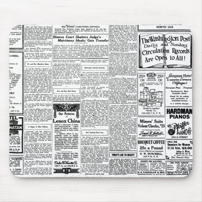 Gammal svart- & vittidning, retro annons för musmatta (Framsidan)